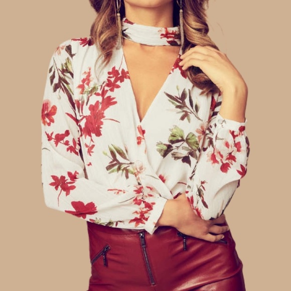 Guess Floral Camilla Chiffon Surplice Choker Bodysuit - Picture 1 of 15